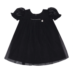 Vestido Manga Curta Malha e Tule Forrado Strass Kiki Xodó - Feminino