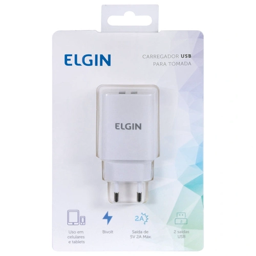 Carregador de Tomada Elgin Com 2 Saídas USB 5V 2.1A Bivolt - 27597