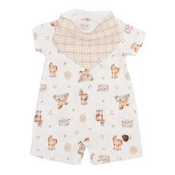 Conjunto Macacão Manga Curta Com Babador Bandana Suedine Atoalhado Masculino - Cavalinhos