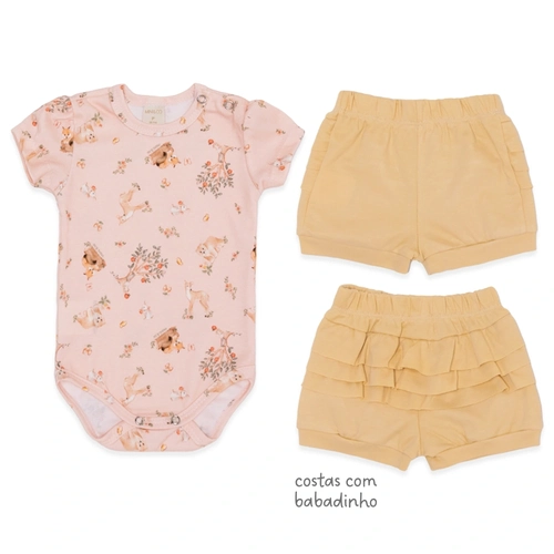Conjunto Body Manga Curta Bordado e Shorts Babado Suedine Feminino – Bosque