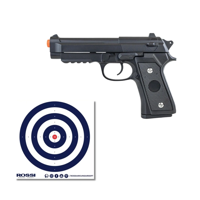 Pistola Airsoft Vigor PT92 Spring 6mm CB318 + 10un de Alvos 14cmcX14cm (Rossi)