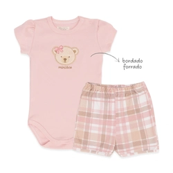 Conjundo Body Manga Curta Bordado e Shorts Suedine Feminino - Brinquedos Femininos