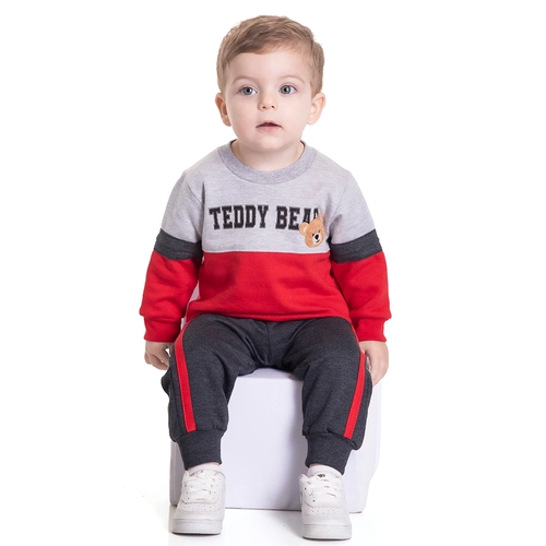 Conjunto Moletom Teddy Bear Vermelho e Mescla Randa Mundu - Masculino