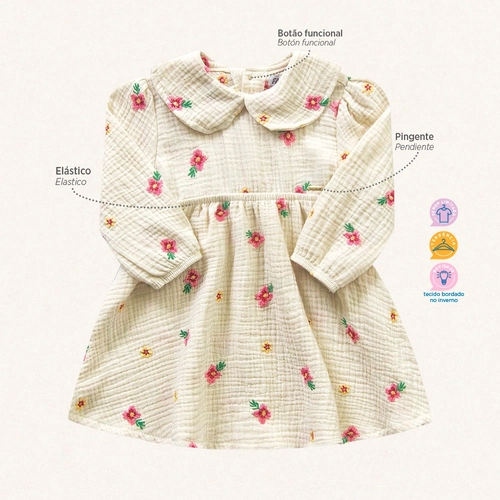 Vestido Manga Longa Bordado Flores Gola Bege Fakini - Feminino