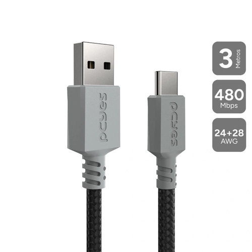 Cabo Usb a 2.0  Macho P/ Usb Tipo-c - Conec. Cinza - P/ Ps5 - 3m - Nylon - Cbpy03c