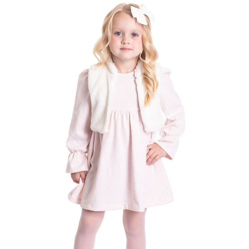 Conjunto Vestido Manga Longa e Colete Peluciado Rosa Cake Randa Mundu - Feminino