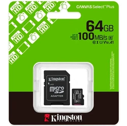 Cartão De Memória Sd, Kingston, Canvas, Select Plus, Class 10uhs-I 64gb Micro+Adaptador - Sdcs3/64gb