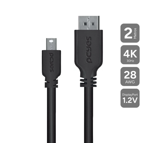 Cabo Mini Displayport Macho para Displayport Macho V.1.2 28awg Puro Cobre 2 Metros - Pmddpm-2