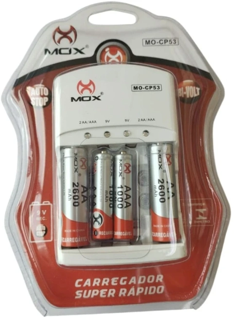 Carregador de Pilhas Mox CP53 c/2 pilhas AAA 1000mAh. c/2 pilhas AA 2600mAh.