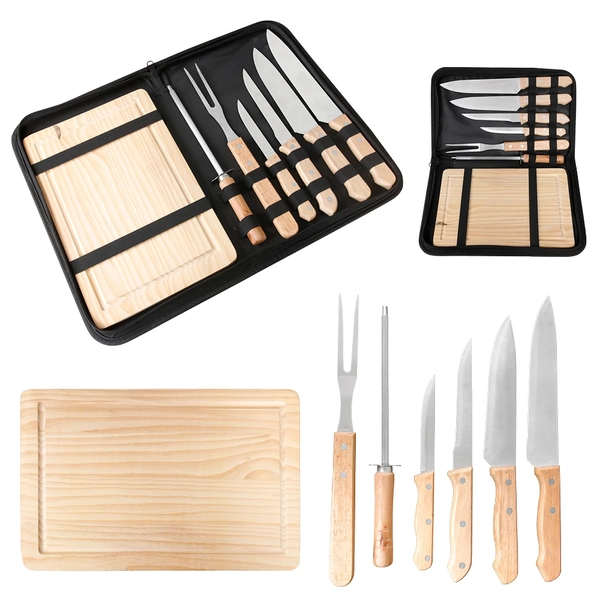 Kit Churrasco Aço Inox 8 Peças Com Estojo Resistente Facas Amolador Garfo Tábua de Carne Grillrelax