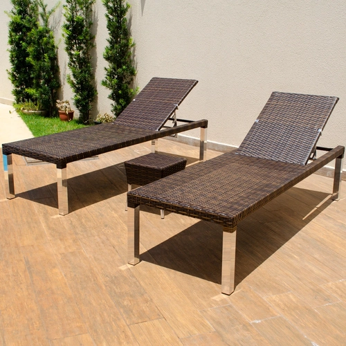 Conjunto 2 Espreguiçadeiras Piscina Em Alumínio e Fibra Sintética Dourados com Mesa de Centro Porto Belo