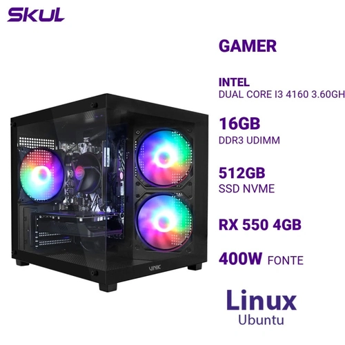 Computador 3000 Core I3 4160 3.60ghz Mem 16gb (2x8) Ddr3 Ssd 512gb Nvme Rx 550 4gb Fonte 400w Linux Ubuntu