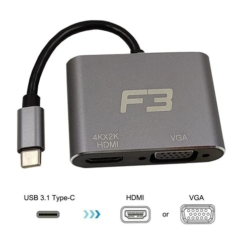 Cabo Adaptador F3 2 em 1 USB-C 3.1 Tipo-C P/ Hdmi 4k e Vga - JC-TYC-HDMIVGA