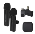 Kit 2 Microfone de Lapela Sem Fio Wireless Receptor Profissional Alcance 50 Metros Tipo C e Adaptador Lightning Com Case - Cor Preto
