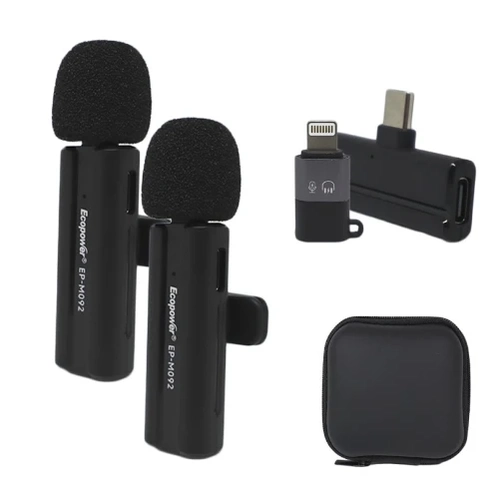Kit 2 Microfone de Lapela Sem Fio Wireless Receptor Profissional Alcance 50 Metros Tipo C e Adaptador Lightning Com Case - Cor Preto
