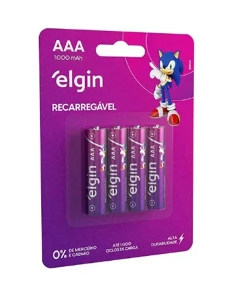 Pilha Recarregável AAA Elgin 1000mah ( palito ) com 4 unidades.