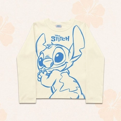 Camiseta Manga Longa Canelada Marfim Estampada Lilo e Stitch Fakini - Feminina