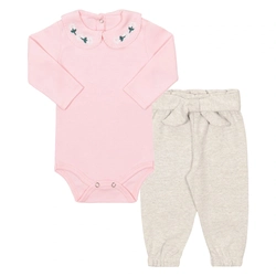 Conjunto Body Manga Longa Gola Bordada e Calça Suedine Rosa Tileesul - Feminino