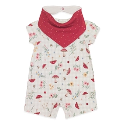 Macacão Manga Curta Estampado com Babador Suedine Feminino - Cogumelos