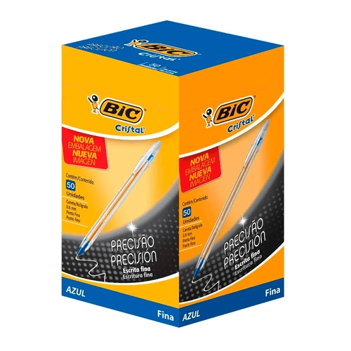 Caneta Esferográfica Bic Cristal Fina 0.8mm Azul Caixa Com 50 Unidades