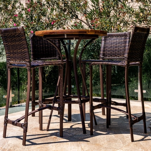 Conjunto Mesa Bistrô Tampo em Madeira 4 Banquetas de Fibra Sintética e Alumínio Pintura Epóxi Paulista
