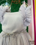 Vestido Tule Cinza com Strass Luxo Festa