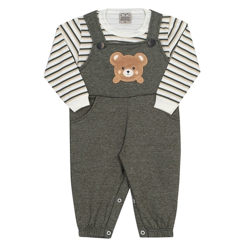 Conjunto Camiseta Manga Longa e Jardineira Moletom Ursinho Off e Verde Randa Mundu - Masculino