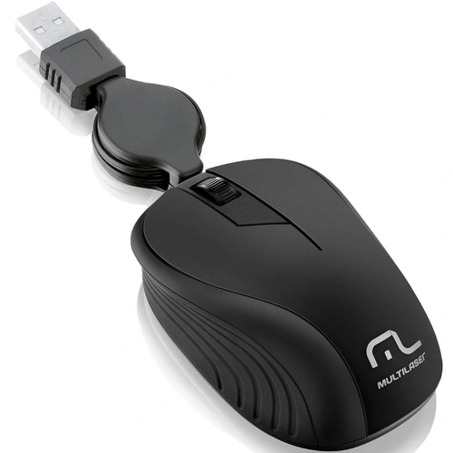 Mouse Retrátil Multilaser 1200DPI USB Emborrachado Preto - MO231