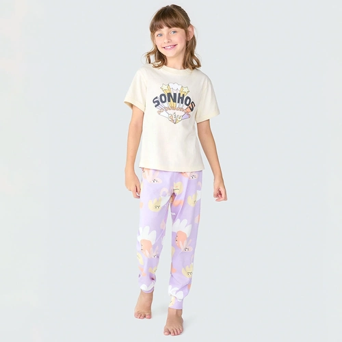 Pijama Manga Curta e Calça Sonhos Hering Bege - Feminino