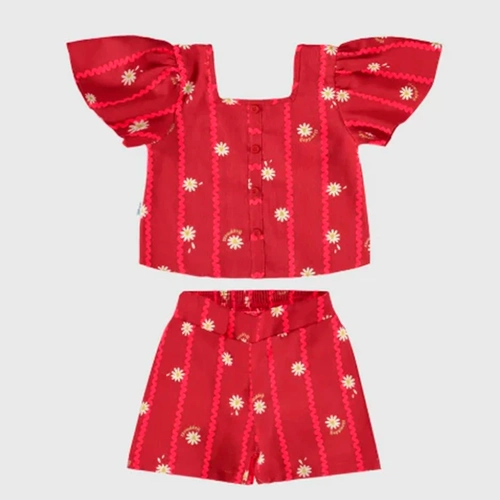 Conjunto Camiseta Manga Curta e Shorts Malwee Estampa De Margaridas Feminino - Vermelho