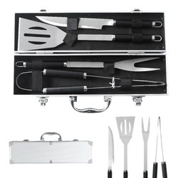 Kit Churrasco 5 Peças Aço Inox Com Maleta de Transporte Aluminio Faca Espatula Garfo e Pegador Grillrelax