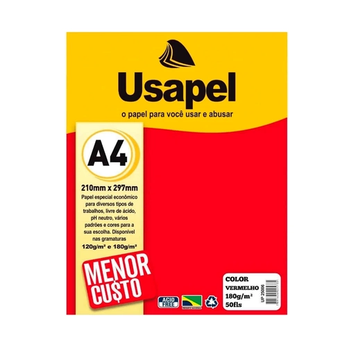 Papel A4 Vermelho 180g/m² 210mmX297mm Cx 50 Unidades Usapel