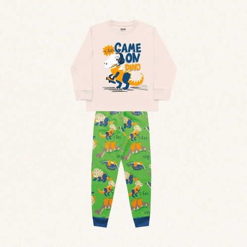 Conjunto Pijama Malha Manga Longa Estampado Game On Dino Baunilha e Verde Fakini - Masculino