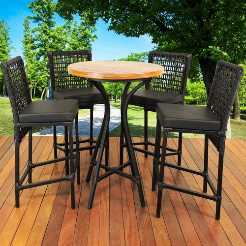 Conjunto Mesa Bistrô Madeira 4 Banquetas Estofadas Corda e Alumínio Epóxi Dourados