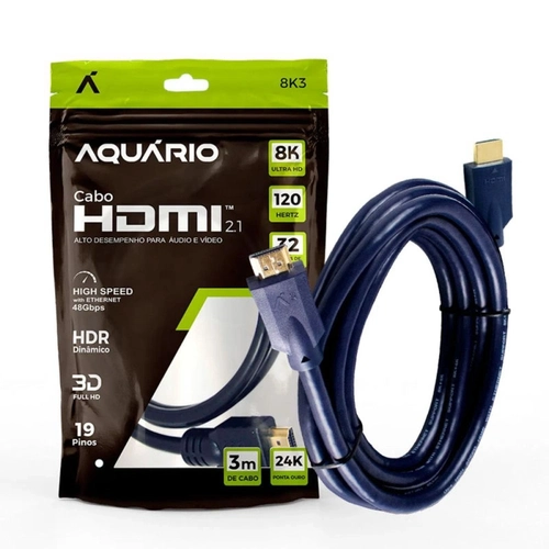 Cabo Hdmi Aquario 2.1 8k 3d 19 Pinos 3 Metros - 8k3