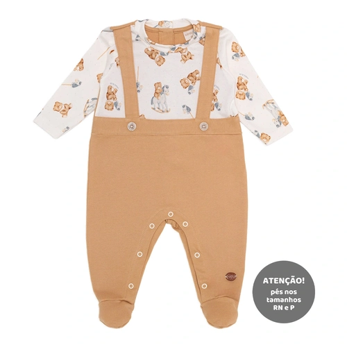 Macacão Manga Longa Jardineira Falsa Suedine Masculino - Ursinho e Cavalinho