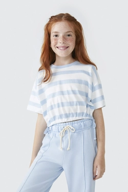 Blusinha Manga Curta Listrada Azul com Elastico Hering - Feminina
