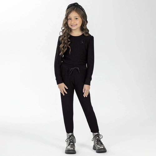 Conjunto Blusa Manga Longa e Calça Canelado Cotelê Aplique Flor Cativa - Feminino