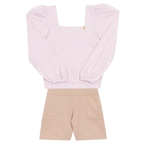 Conjunto Blusa Manga Longa Cotton e Shorts Molecotton Rosa Randa Mundu - Feminino
