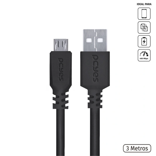 Cabo Micro Usb para Usb a 2.0 - Preto - 3 Metros - Pmuap-3