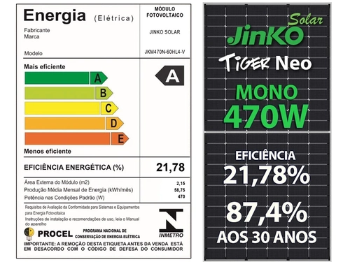 Painel Solar Jinko Tiger Neo 470 W – N-Type Monocristalino 120 Células, 21,78% Eficiência