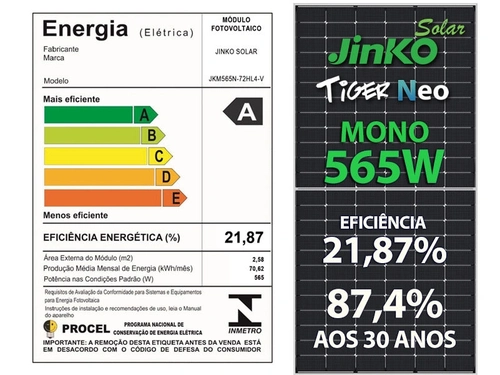 Painel Solar Fotovoltaico Painel Jkm565n-72hl4-v Tiger Neo 565w 144 Cel. n Type Mono 21,87% Eficiencia