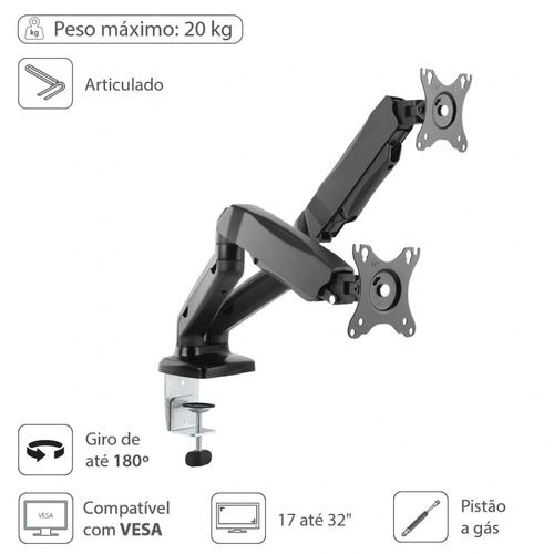 Suporte a Gás para 2 Monitores 17 a 32 Vesa 100x100 Sm-341b