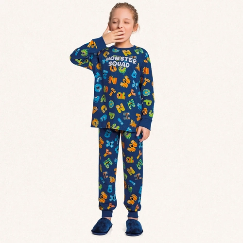 Conjunto Pijama Malha Manga Longa Estampado Monster Squad Azul Fakini - Masculinho