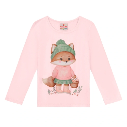Camiseta Manga Longa Estampada Raposinha Rosa Brandili - Feminina