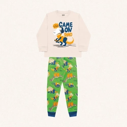 Conjunto Pijama Malha Manga Longa Estampado Game On Dino Baunilha e Verde Fakini - Masculino