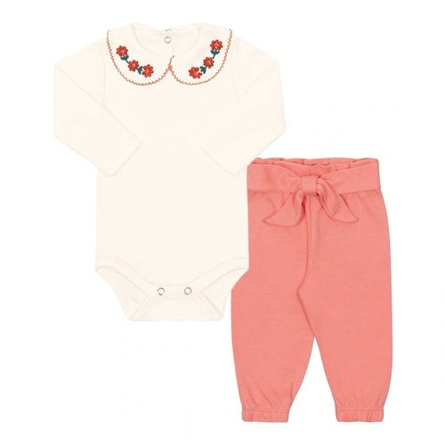 Conjunto Body Manga Longa Gola Bordada e Calça Suedine Marfim Tileesul - Feminino