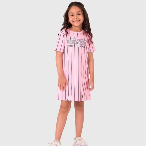 Vestido Camiseta Malwee Listrado Feminino - Rosa