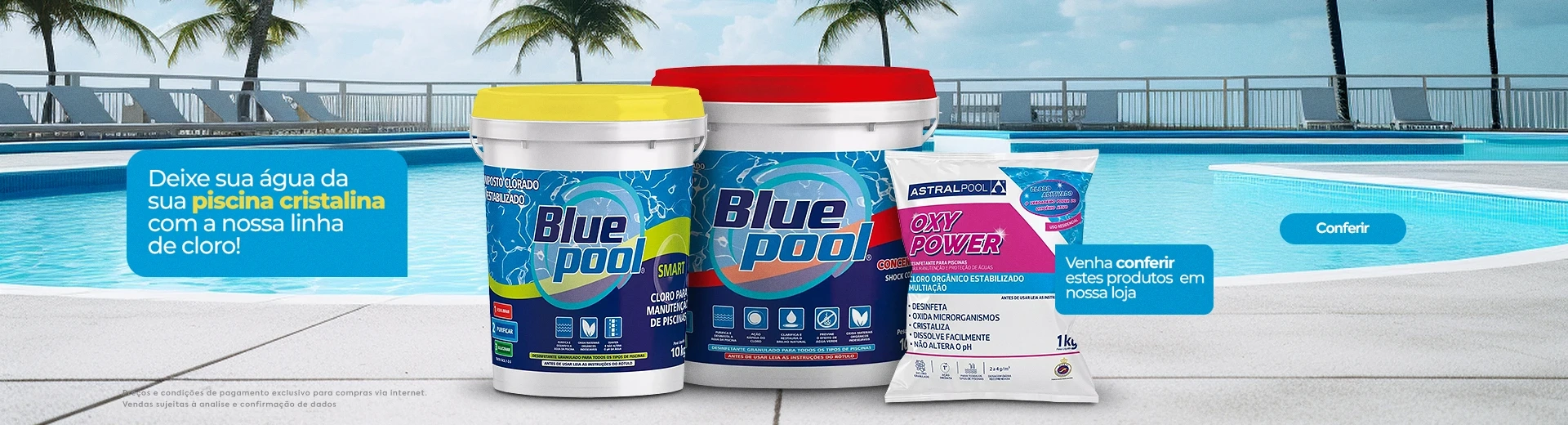 Deixe sua água da sua piscina cristalina com a nossa linha de cloro! Venha conferir estes produtos e